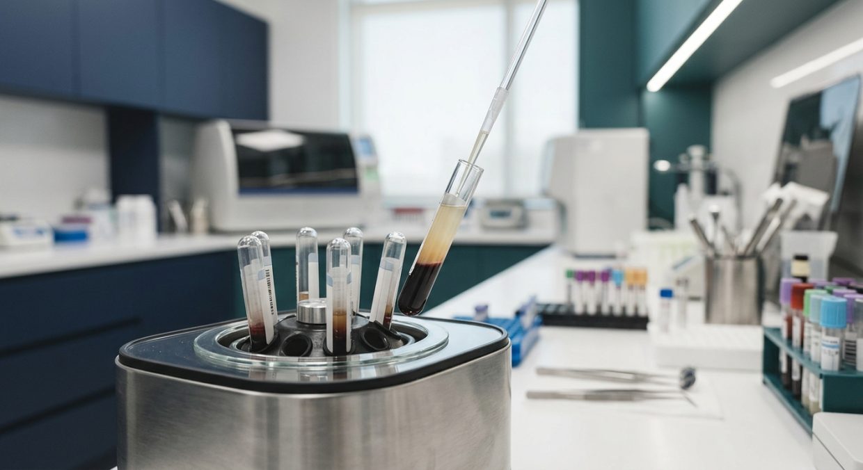 Blood sample being processed in laboratory centrifuge for plasma separation