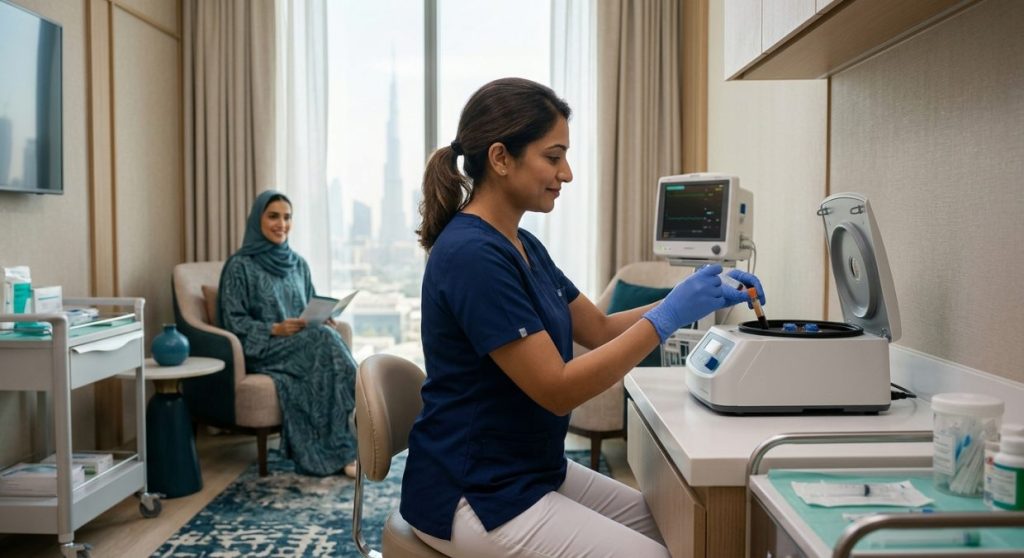 Medical specialist preparing blood sample for PRP therapy in a modern clinic consultation room with warm lighting