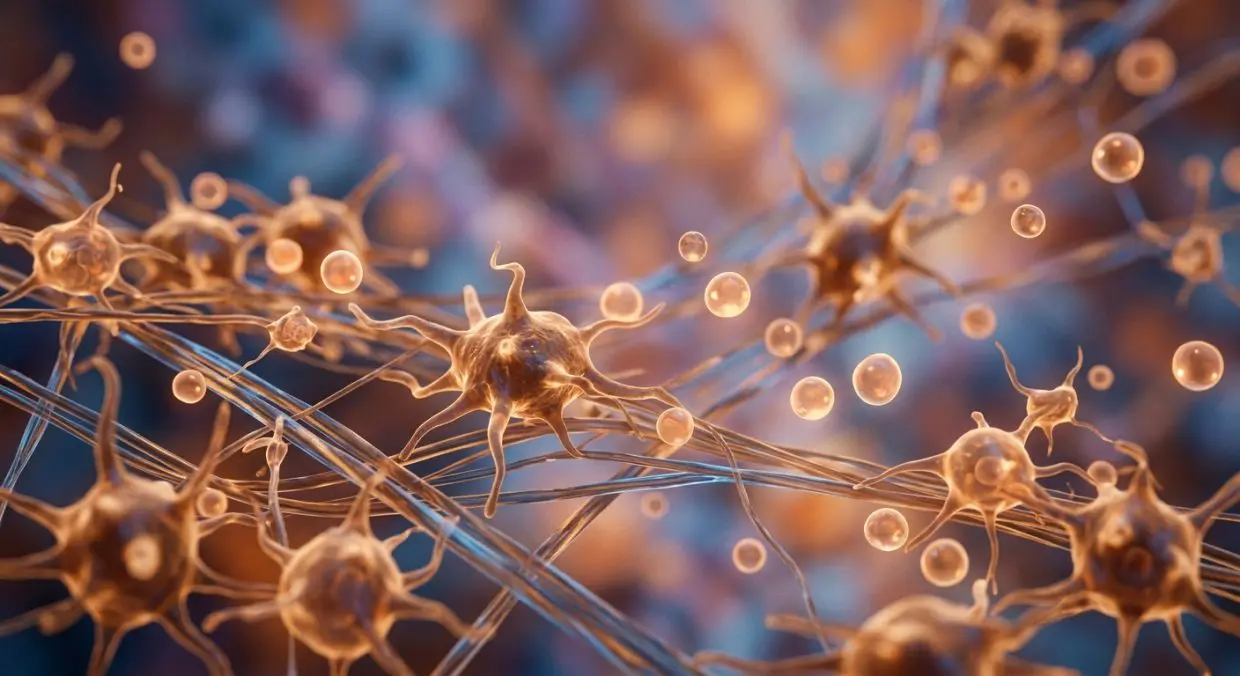 Abstract visualization of platelet cells and growth factors activating tissue repair and collagen production