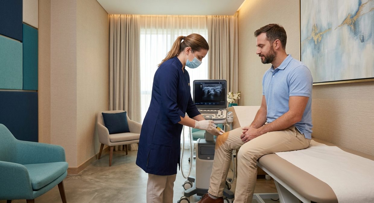Orthopedic specialist administering PRP injection to patient's joint using imaging guidance in clinic