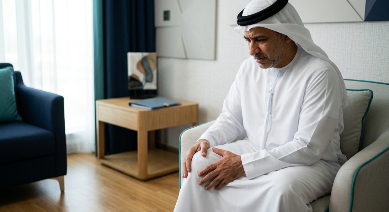 Person holding their knee, showing signs of joint pain or discomfort in a calm indoor setting.