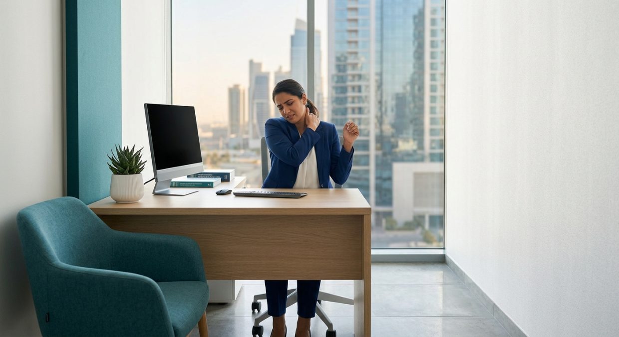 Office professional stretching neck and shoulders at desk, illustrating work-related musculoskeletal strain.