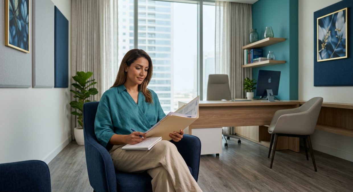 Patient prepared for appointment with medical records and documentation in a welcoming clinic setting.